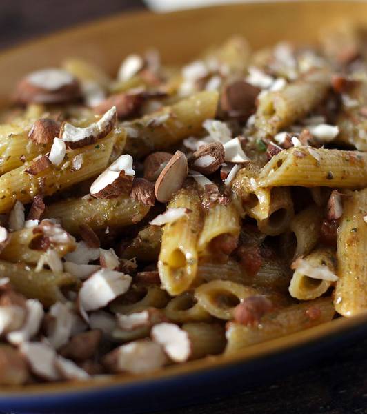Corn Penne with almond-and-basil red pesto