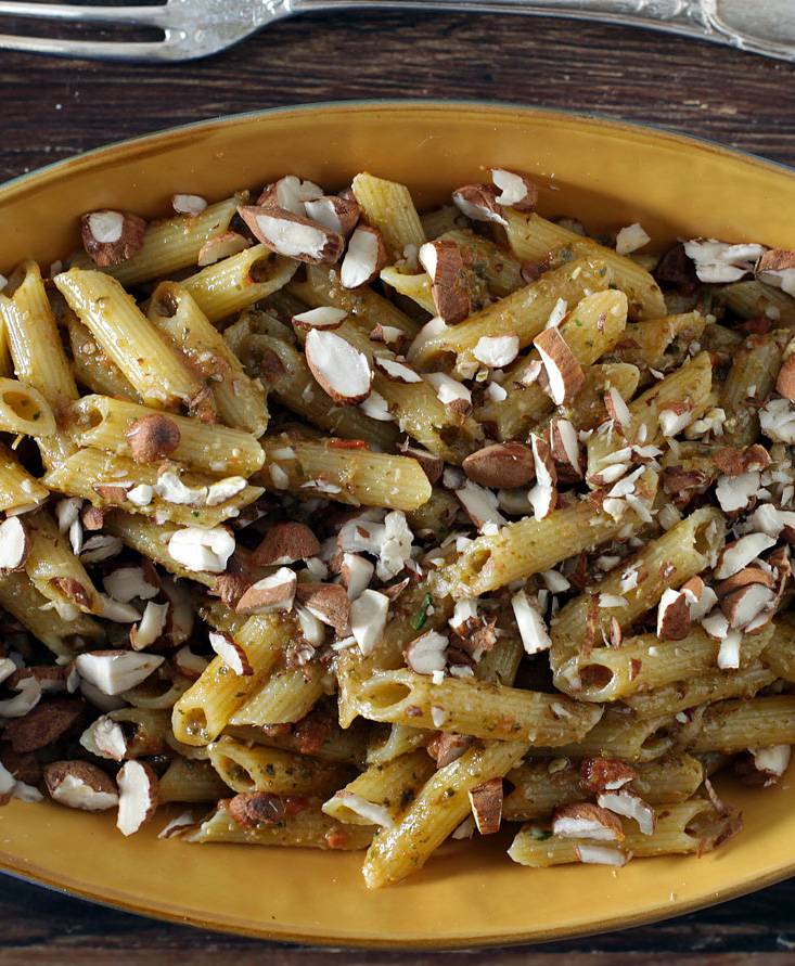 Corn Penne with almond-and-basil red pesto