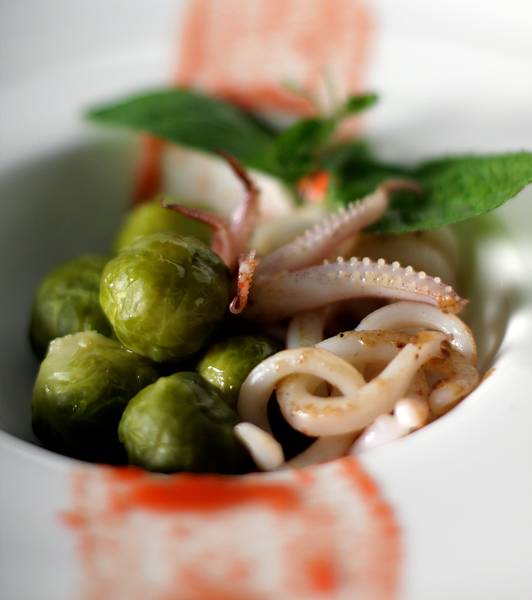 Small Salad with Calamari, Brussels sprouts and Tomato Juice