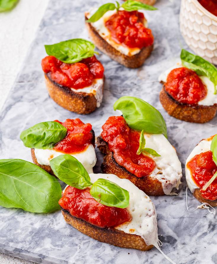 Basil, Mozzarella, & Tomato Crostini