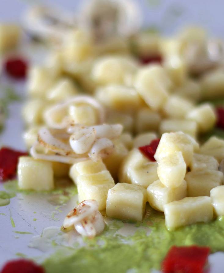 Potato Gnocchi with squids, peas and tomato jelly