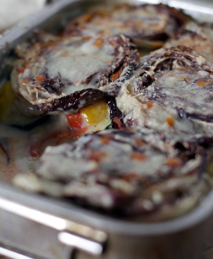 Vegetables Millefoglie with soy béchamel and organic tomato sauce