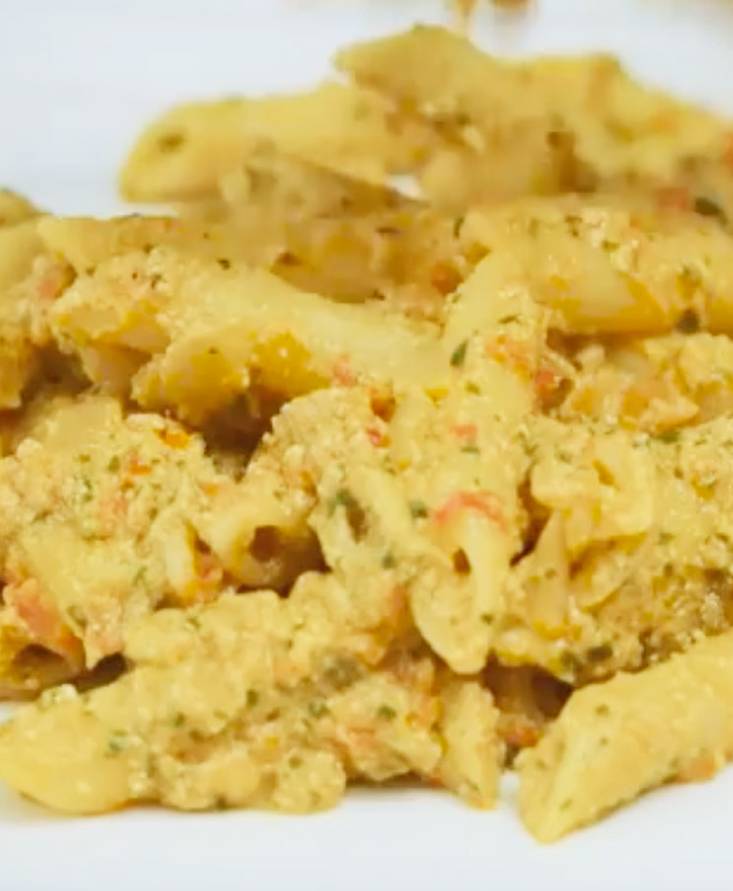 Tofu pesto and tomato Pennette