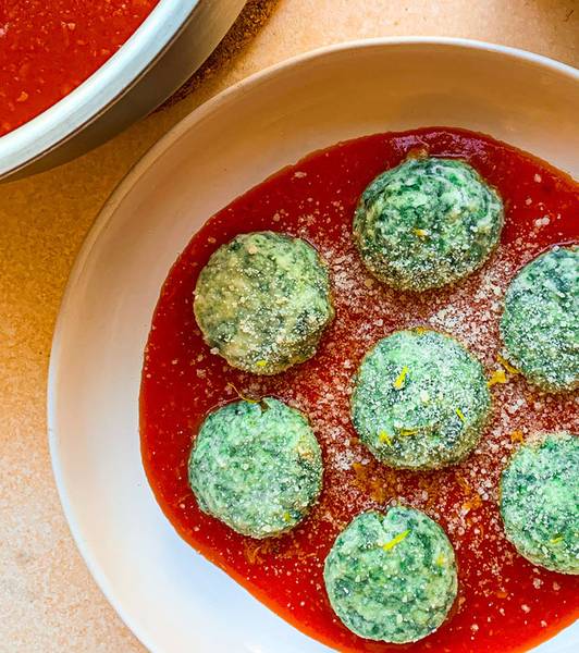 Spinach & Chard Gnudi in Tomato Sauce