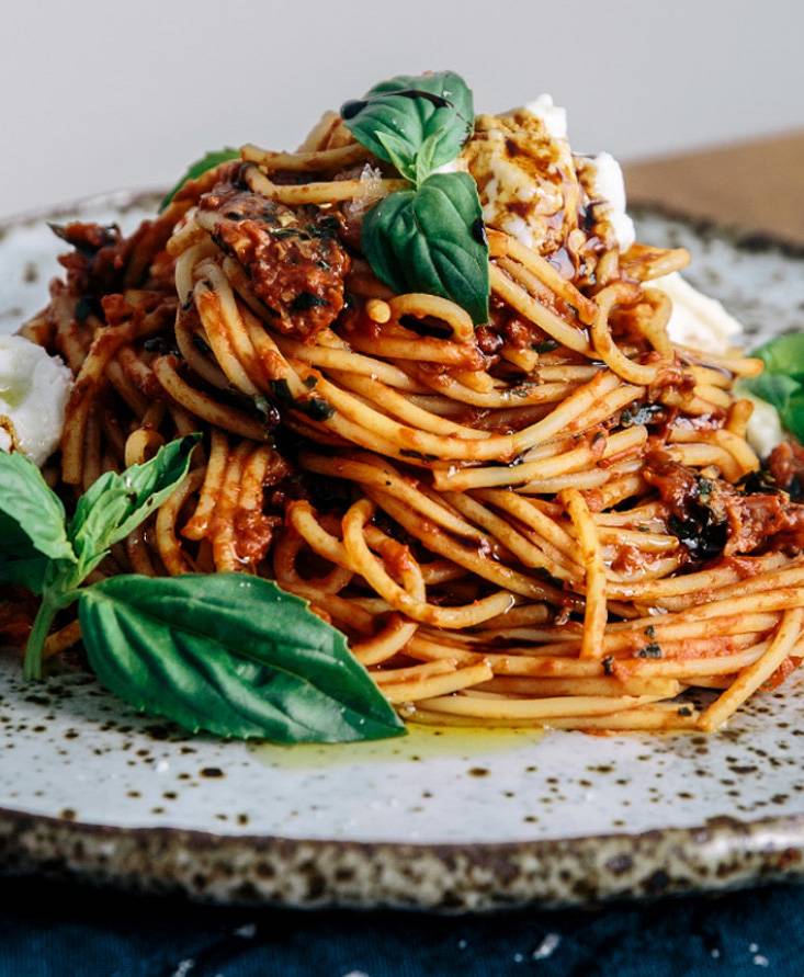 Tomato & Balsamic Spaghetti with Fresh Basil & Burrata
